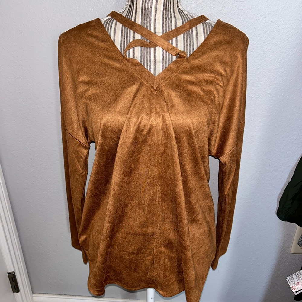 Brown Suede V-Neck Bell Sleeve Blouse